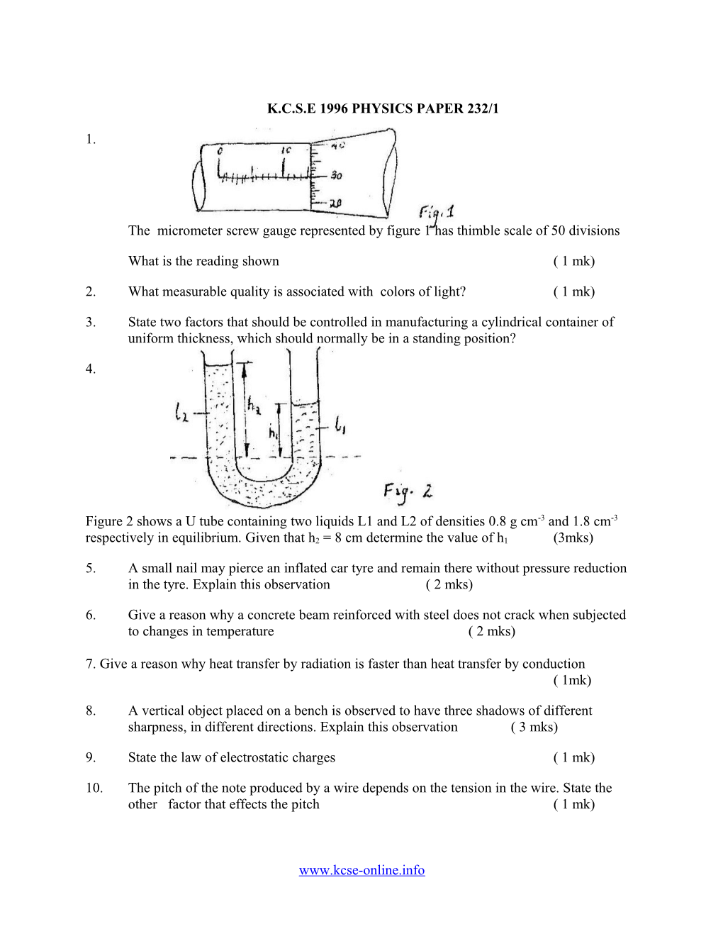 K.C.S.E 1996 Physics Paper 232/1