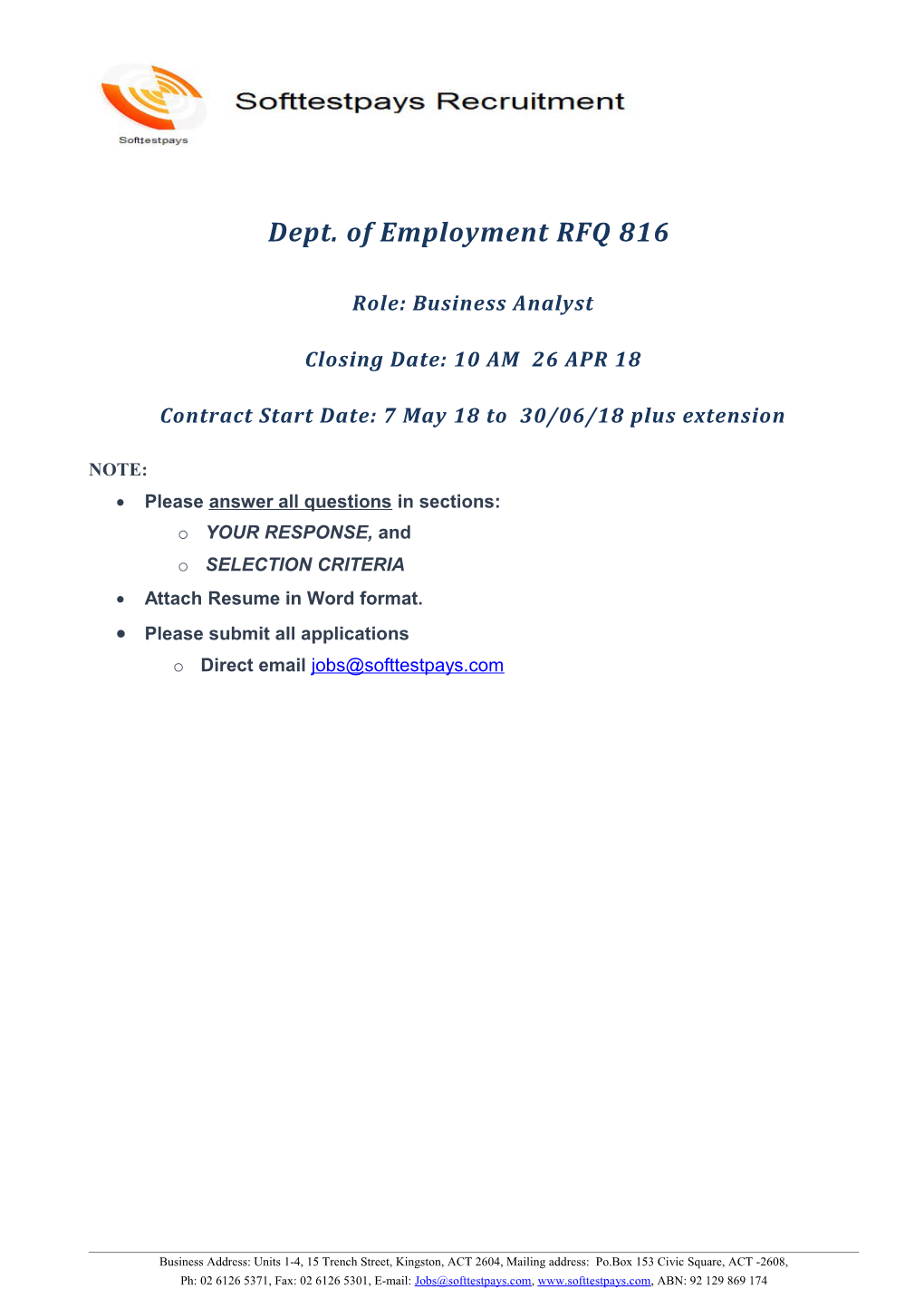 Dept. of Employment RFQ816
