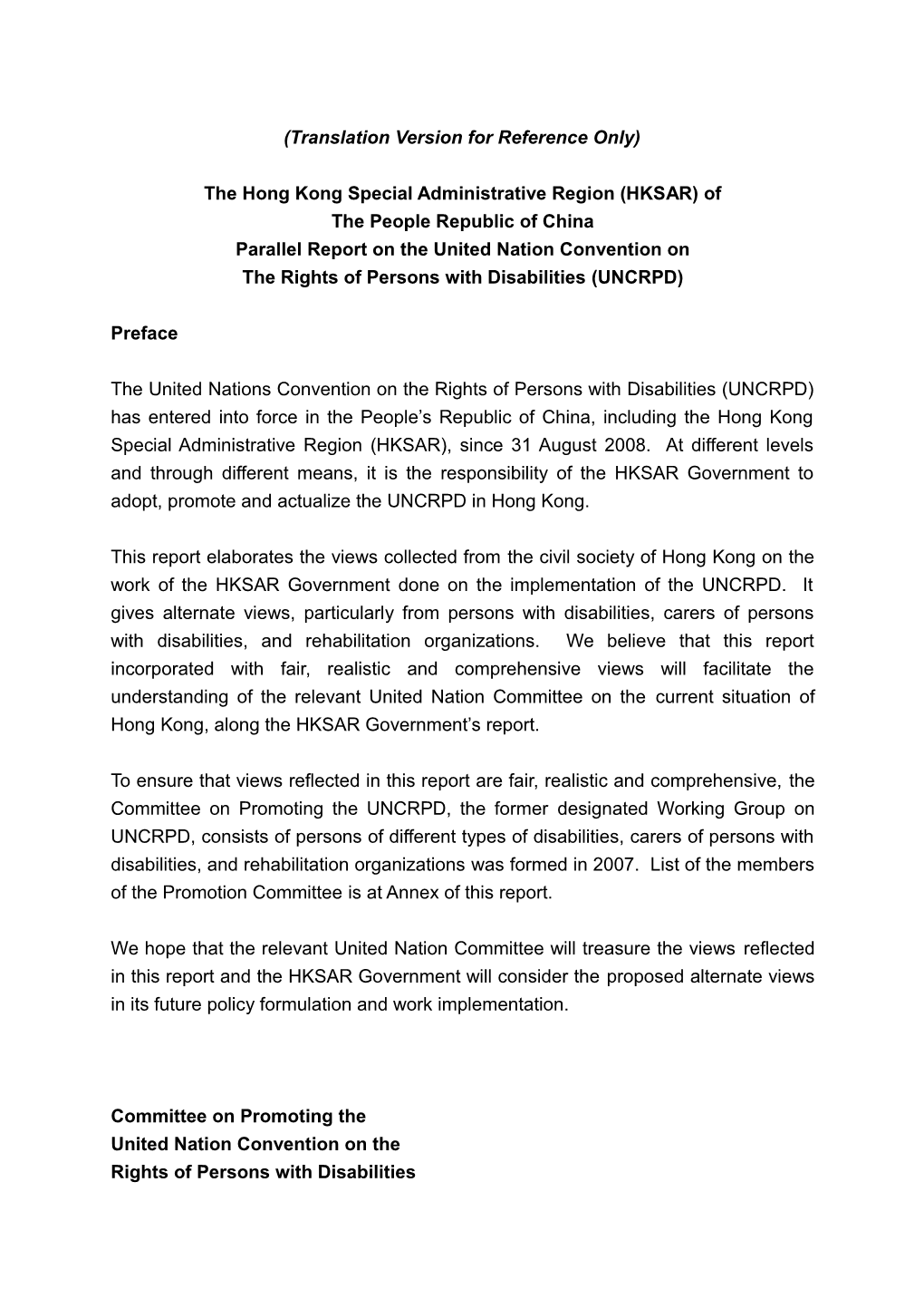 Civil Report of the Hong Kong Special Administrative Region of the People S Republic Of