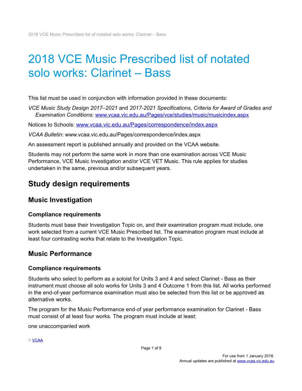 2018 VCE Music Prescribed List of Notated Solo Works: Clarinet Bass