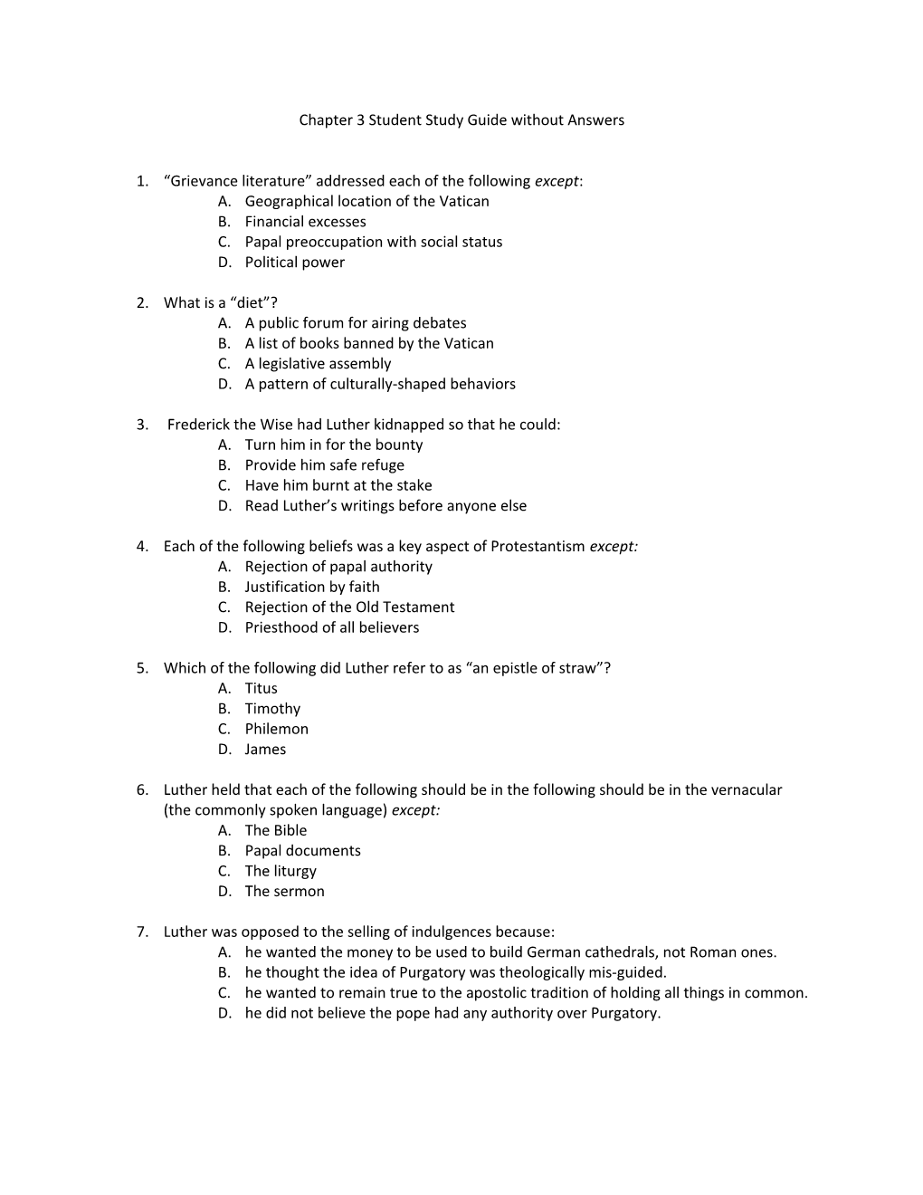 Chapter 3 Student Study Guide Without Answers
