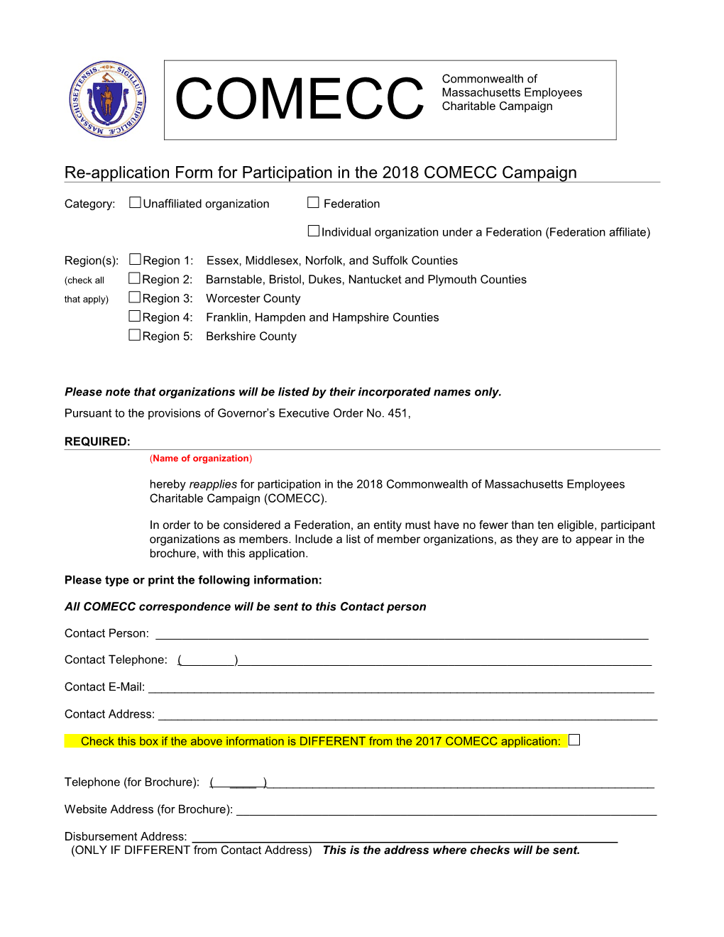 Application Form for Participation in the 2003 COMECC Campaign