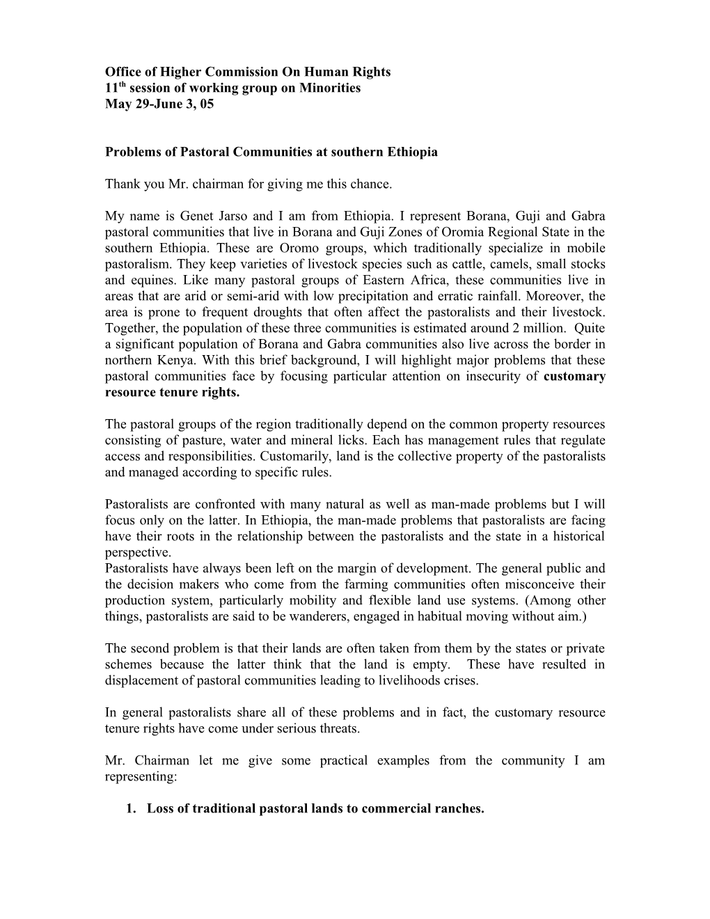 Statement on Problems of Pastoral Communities in Southern Ethiopia