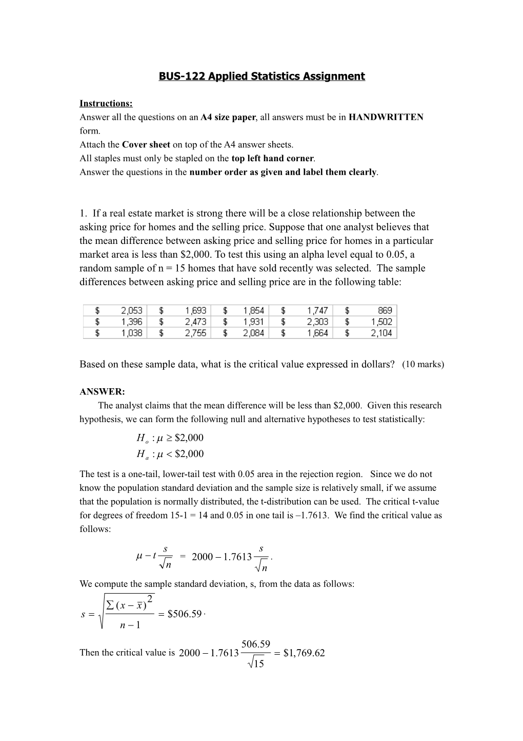 BUS-122 Applied Statistics Assignment