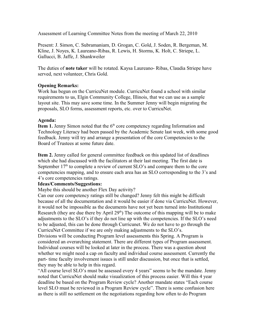 Assessment of Learning Committee Notes from the Meeting of March 22, 2010