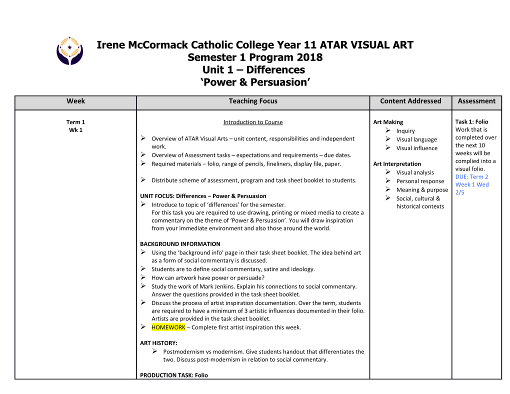 Irene Mccormack Catholic College Year 11ATAR VISUAL ART