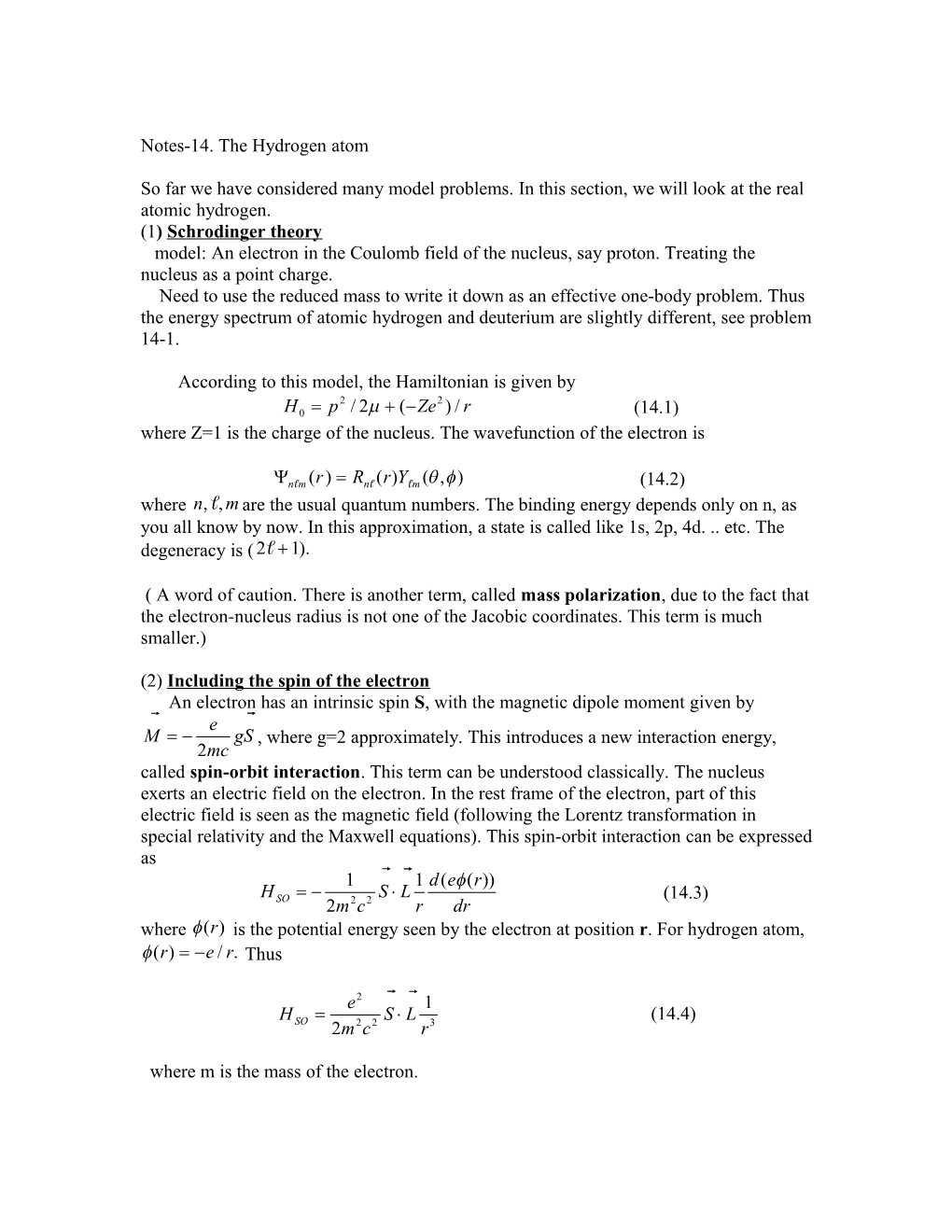 Notes-14. the Hydrogen Atom