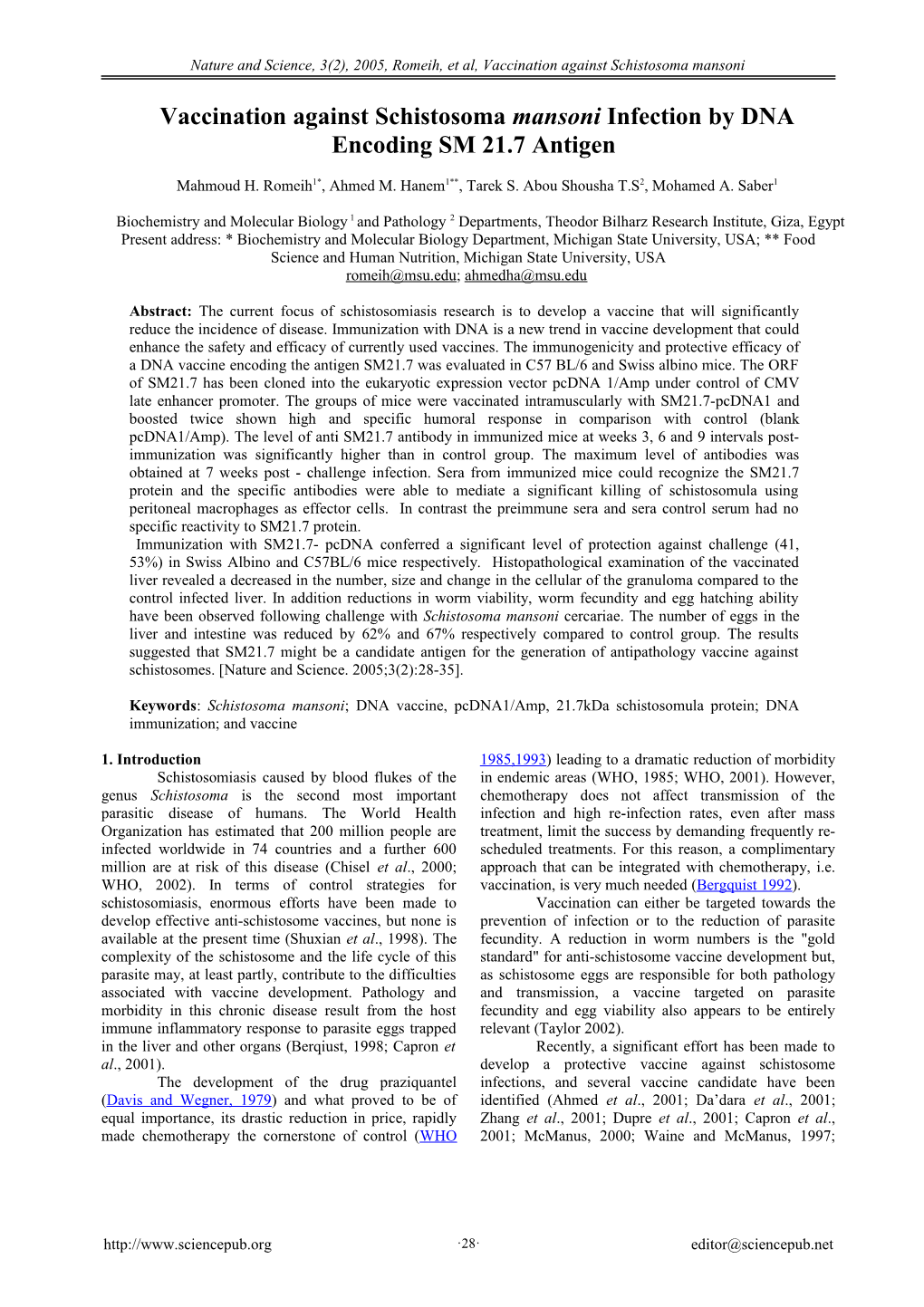 Vaccination Against Schistosoma Mansoni Infection by DNA Encoding SM 21.7 Antigen