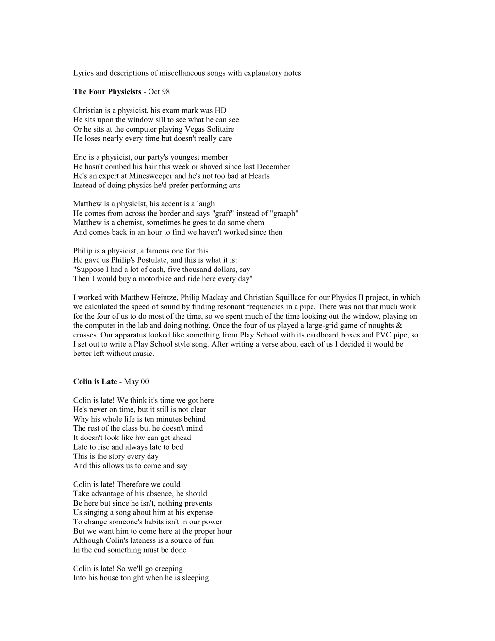 Lyrics and Descriptions of Miscellaneous Songs with Explanatory Notes