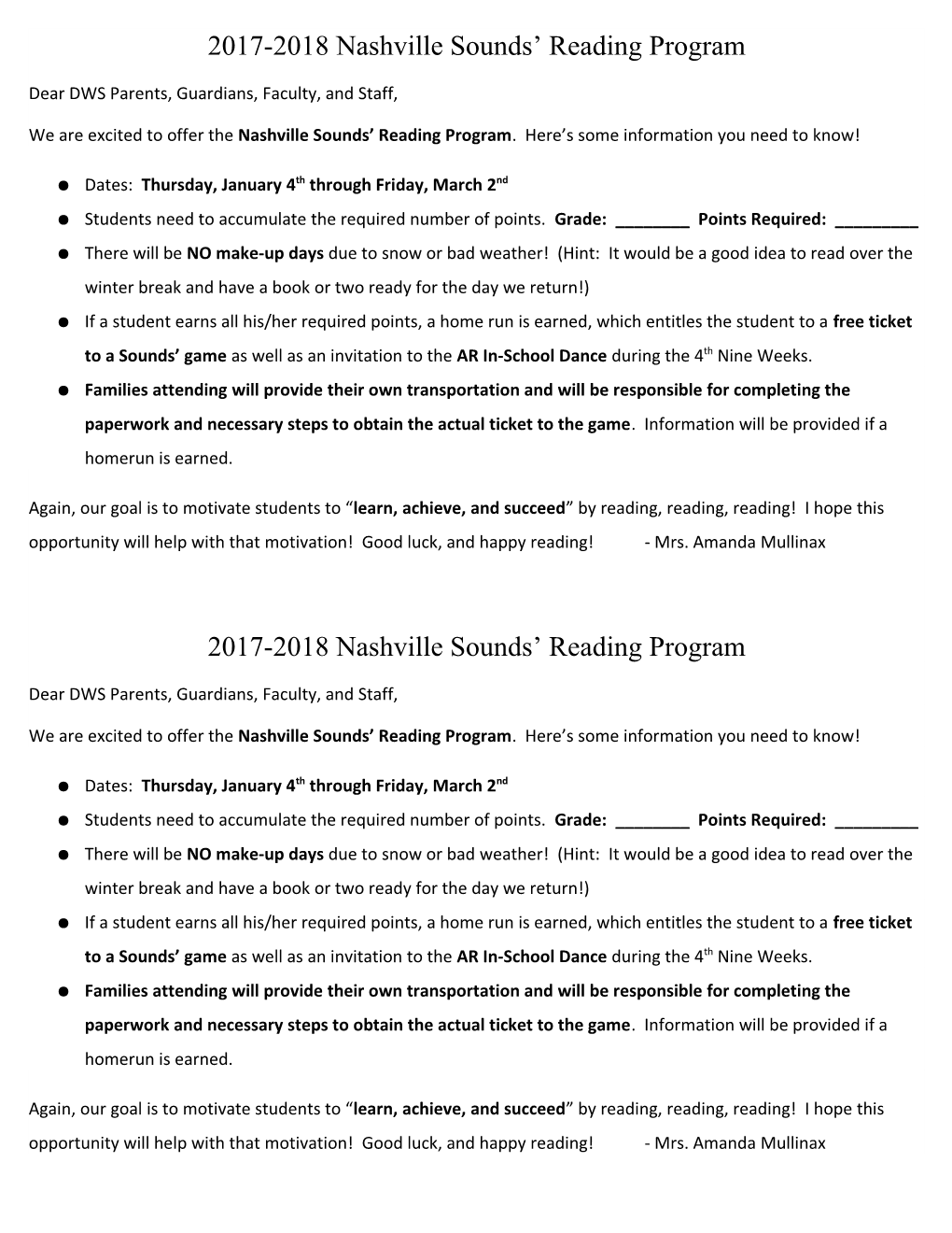 2017-2018 Nashville Sounds Reading Program