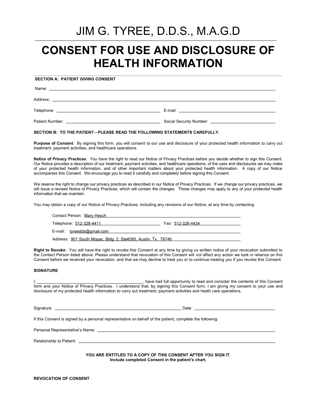 Form 01-Consent for Use and Disclosure of Health Information (01-COSNT;1)