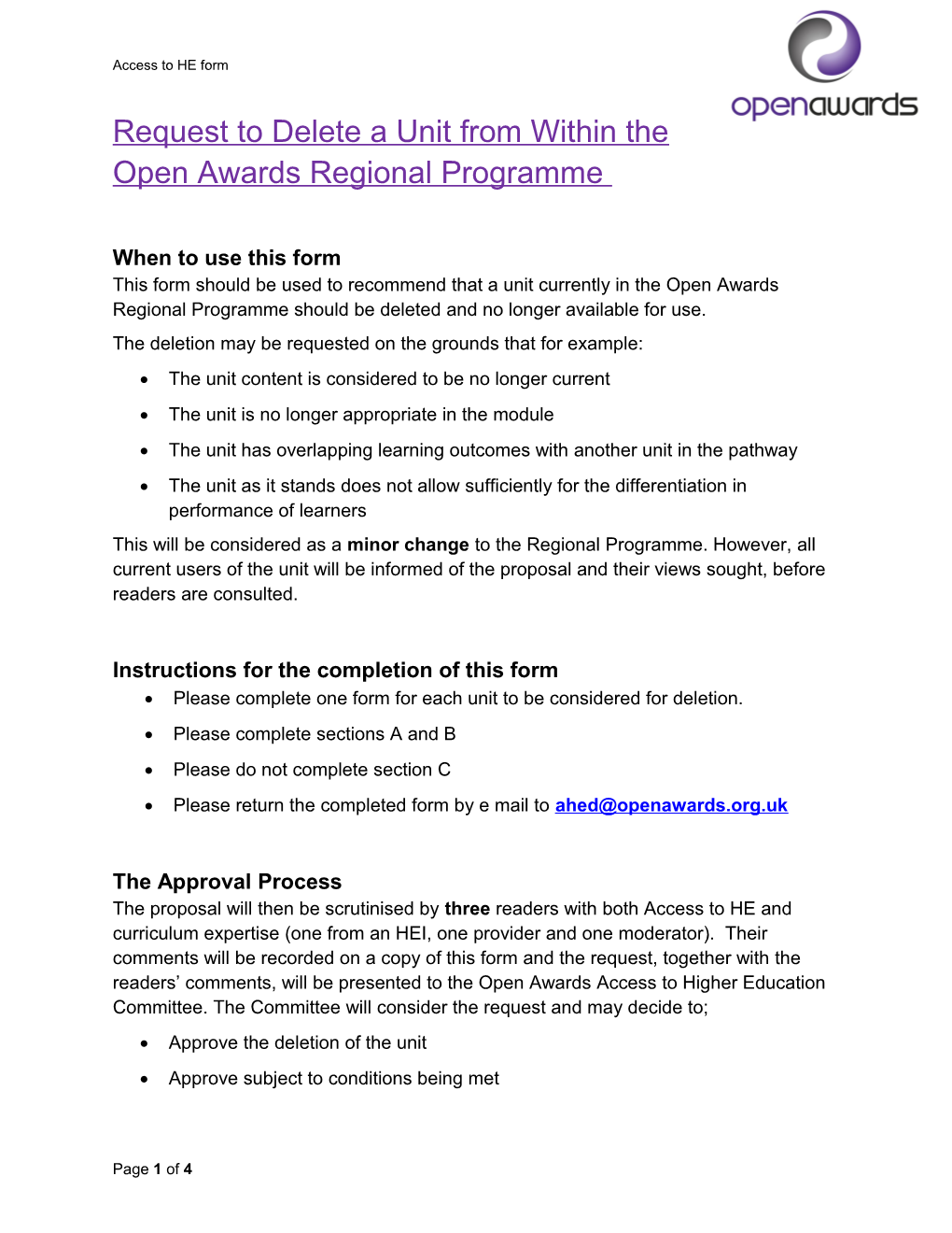Request to Delete a Unit from Within the Open Awards Regional Programme