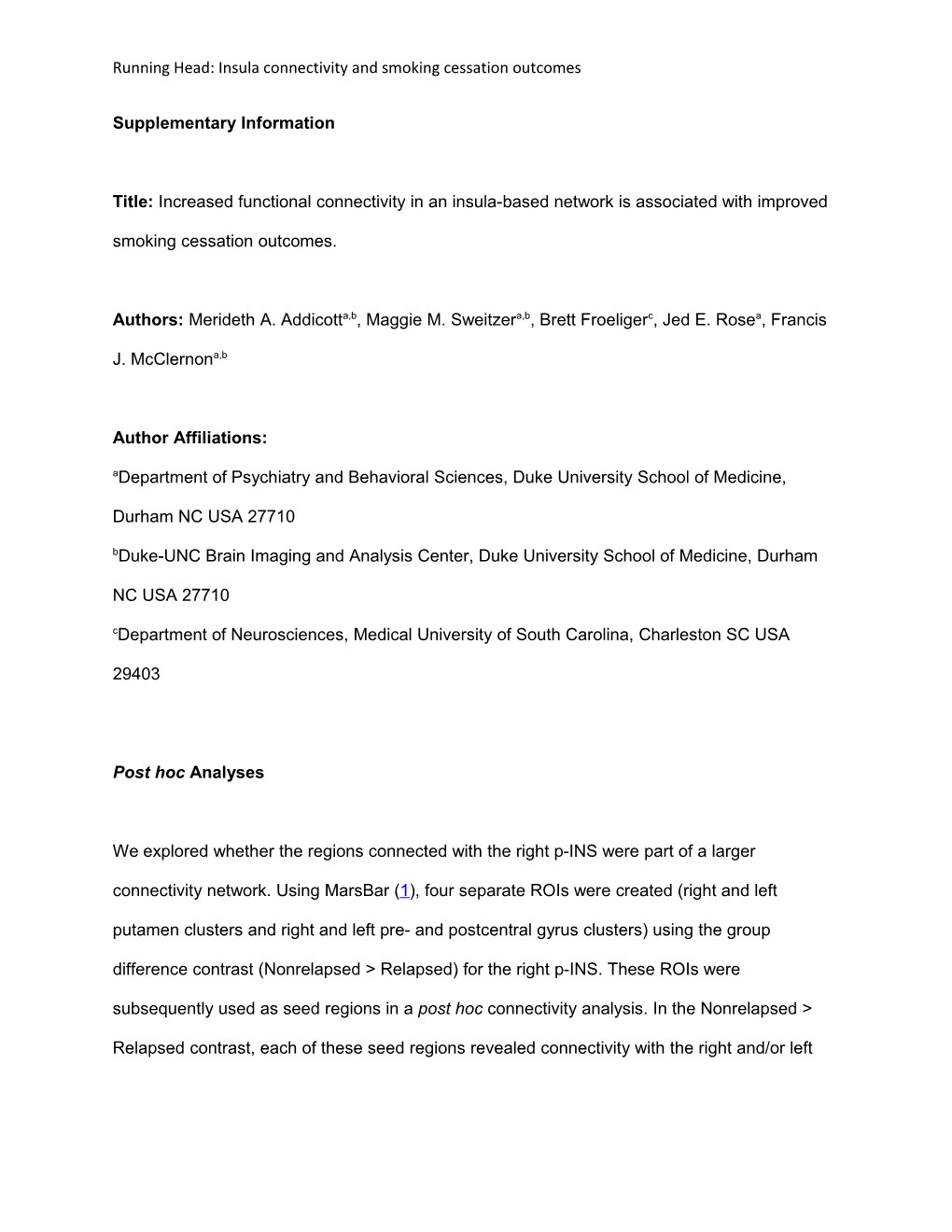 Running Head: Insula Connectivity and Smoking Cessation Outcomes