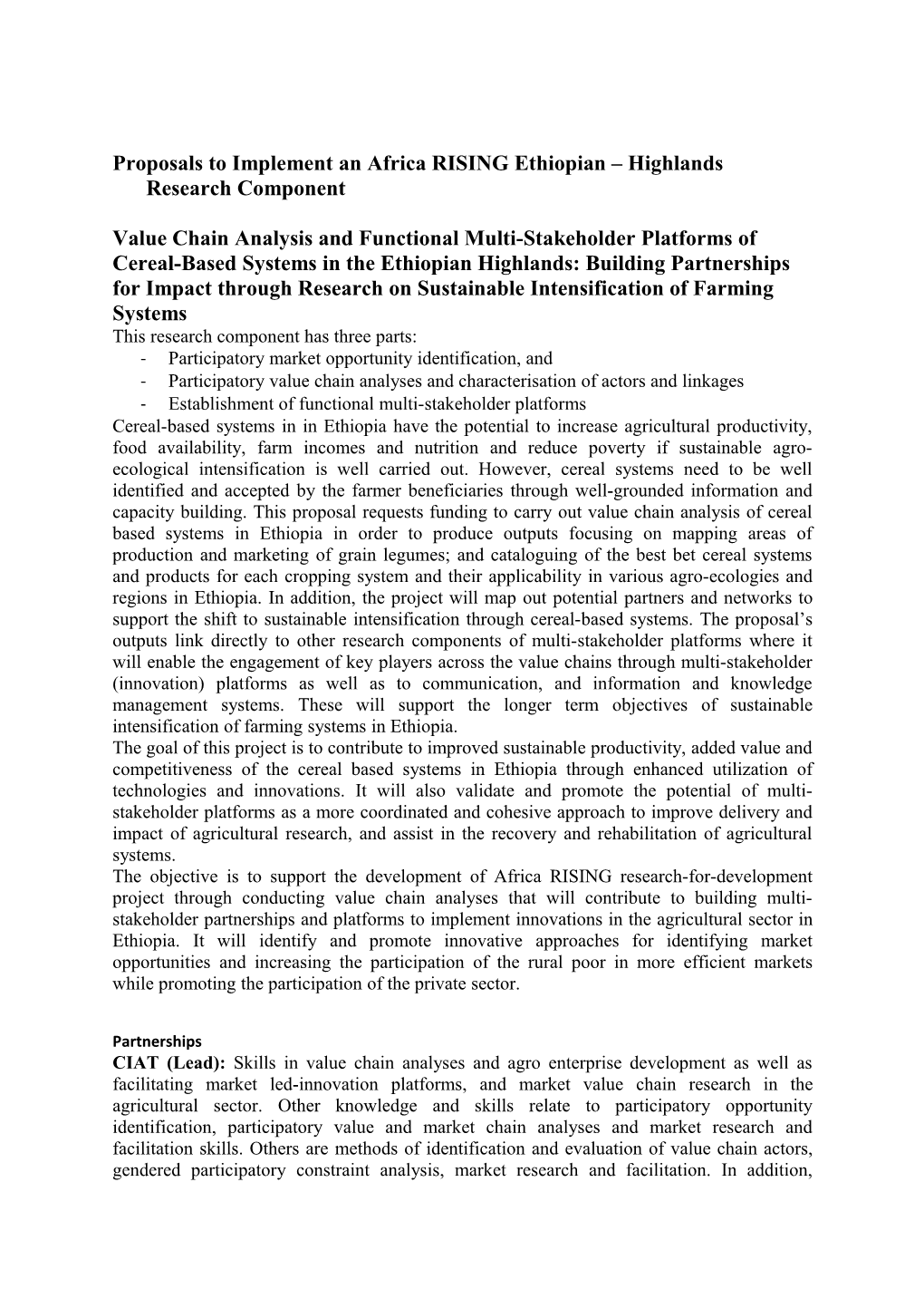 Proposals to Implement an Africa RISING Ethiopian Highlands Research Component