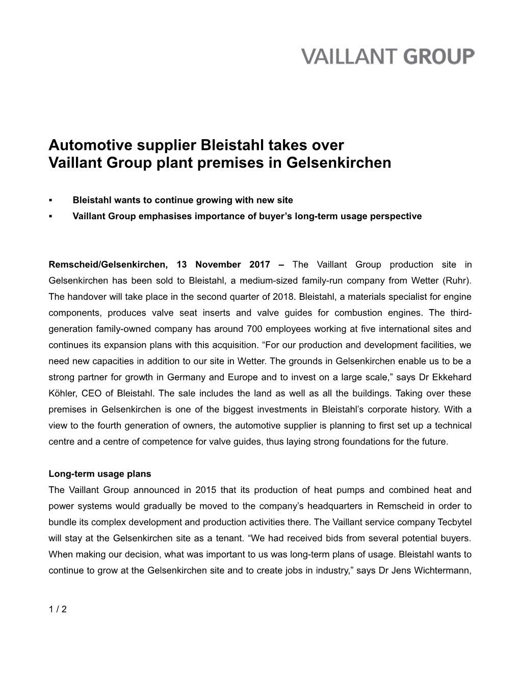 Automotive Supplier Bleistahl Takes Over Vaillant Group Plant Premises in Gelsenkirchen
