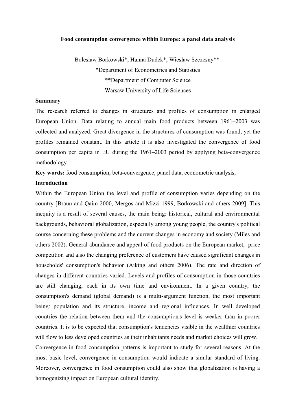 International Evidence on Convergence of Food Consumption - a Panel Data Approach