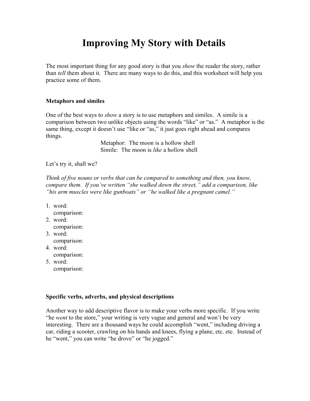 Improving My Story Worksheet English III