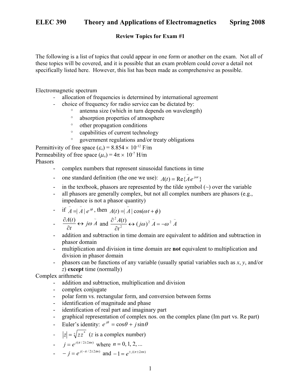 Review for Elec 105 Midterm Exam #1 (Fall 2001)