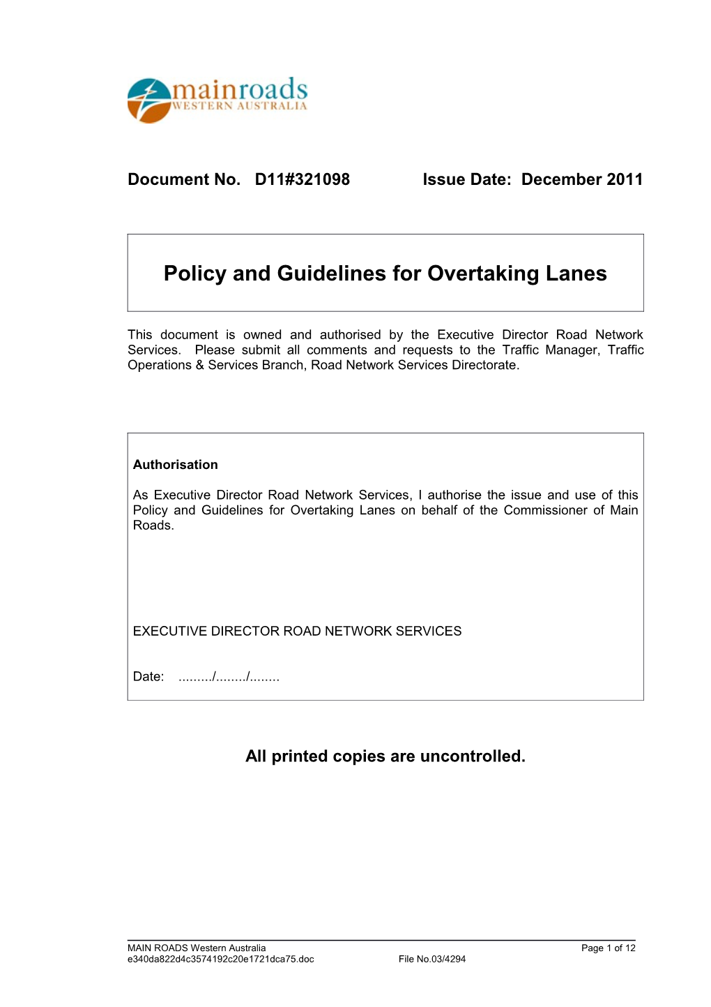 Policy and Guidelines for Overtaking Lanes