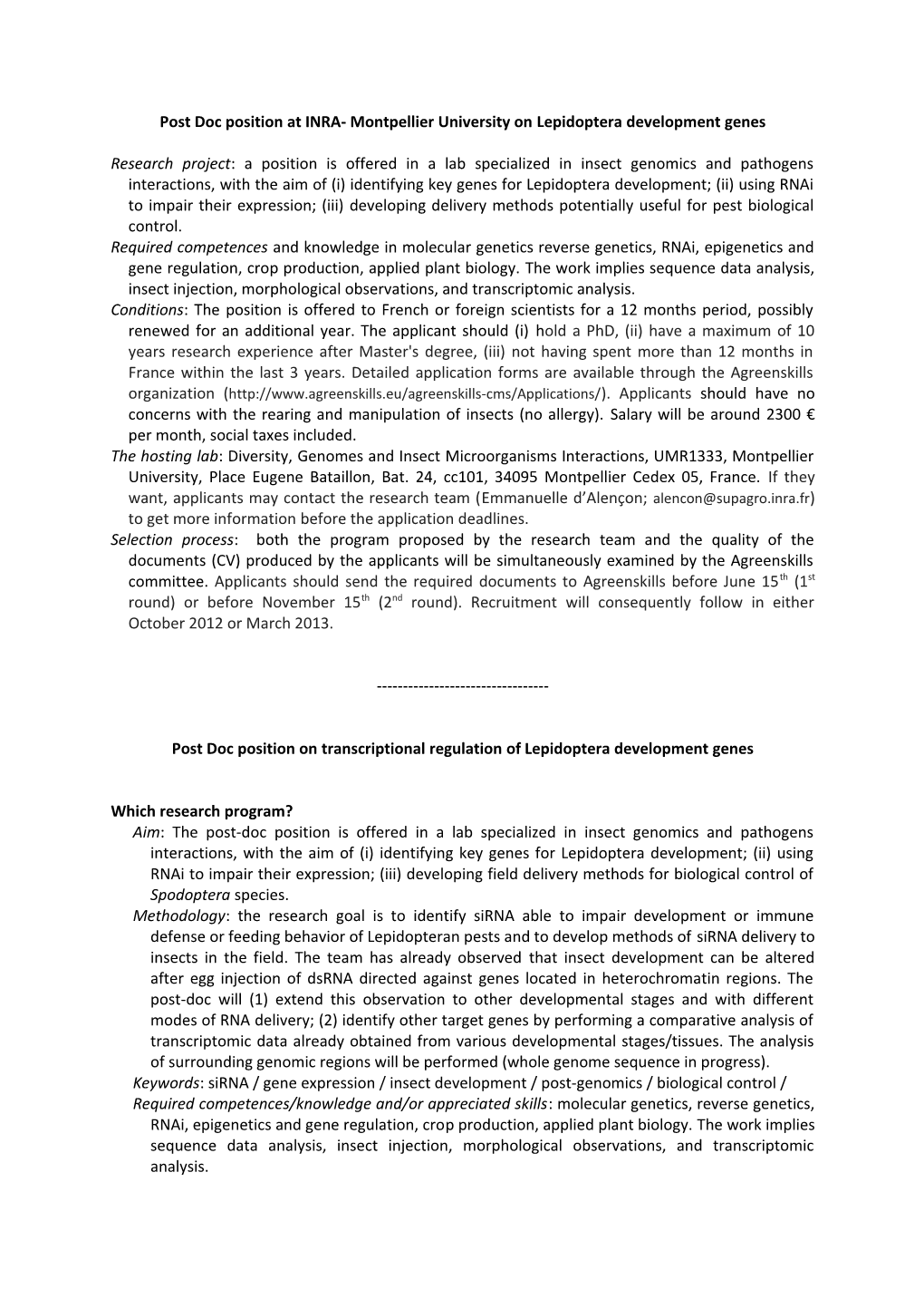 Post Doc Position at INRA- Montpellier University on Lepidoptera Development Genes