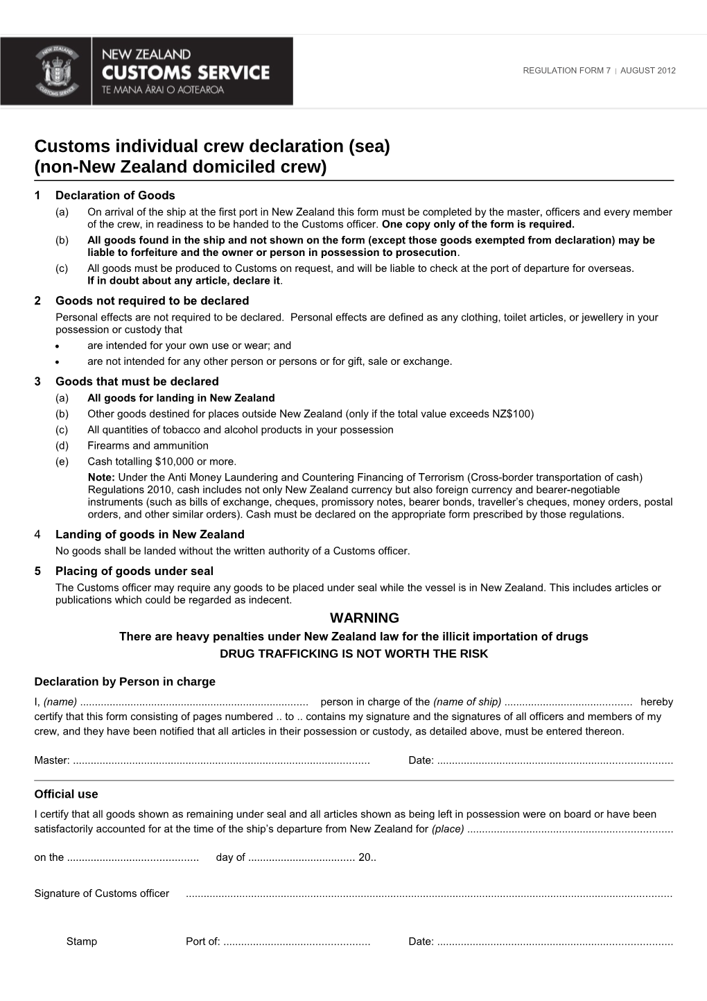 Regulation Form 07 - Customs Individual Crew Declaration (Sea) (Non-New Zealand Domiciled Crew)