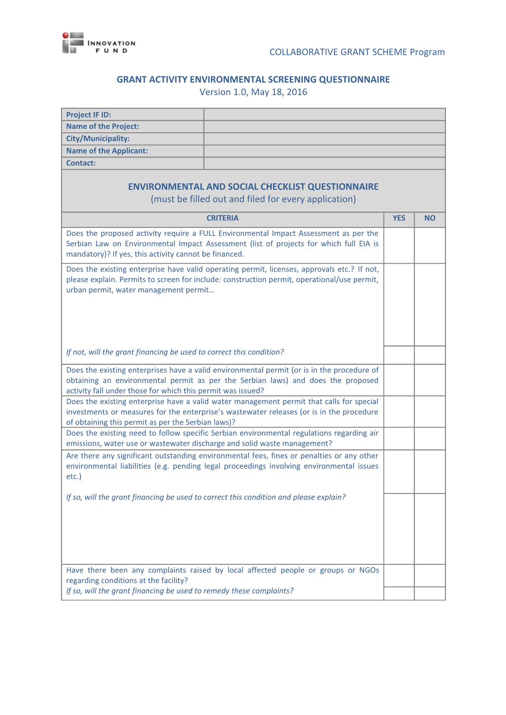 Grant Activity Environmental Screening Questionnaire