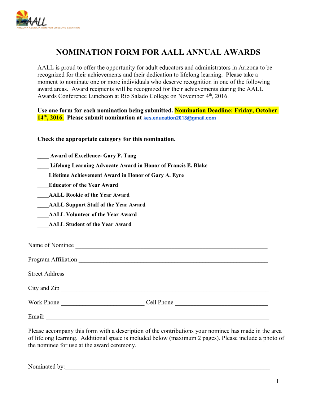 Nomination Form for Aall Annual Awards