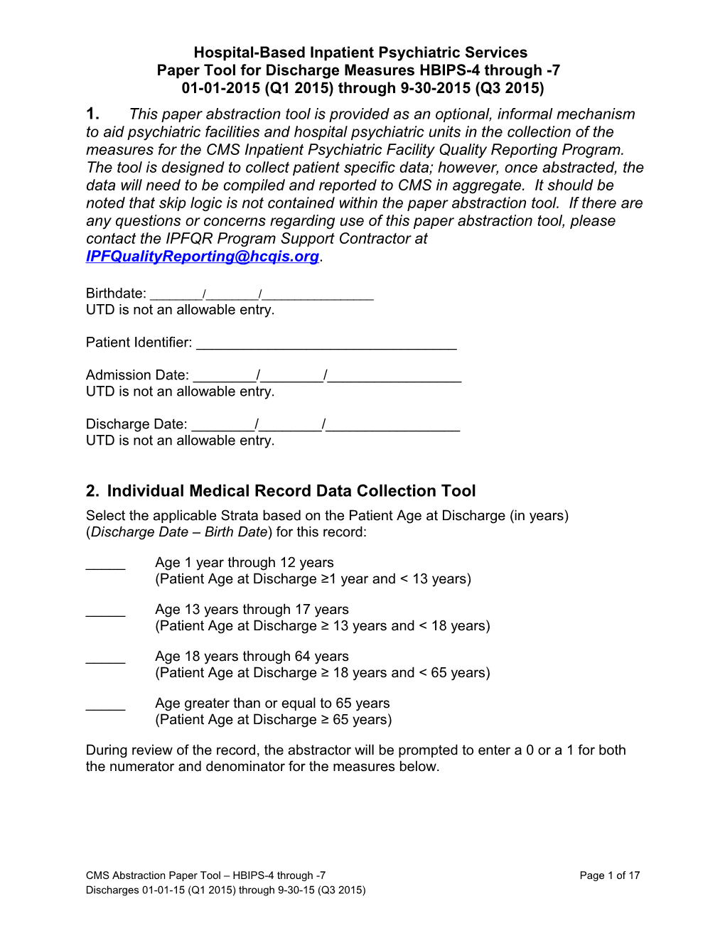 Updated 12/2013 Hospital-Based Inpatient Psychiatric Services (HBIPS) Paper Tool for Discharge