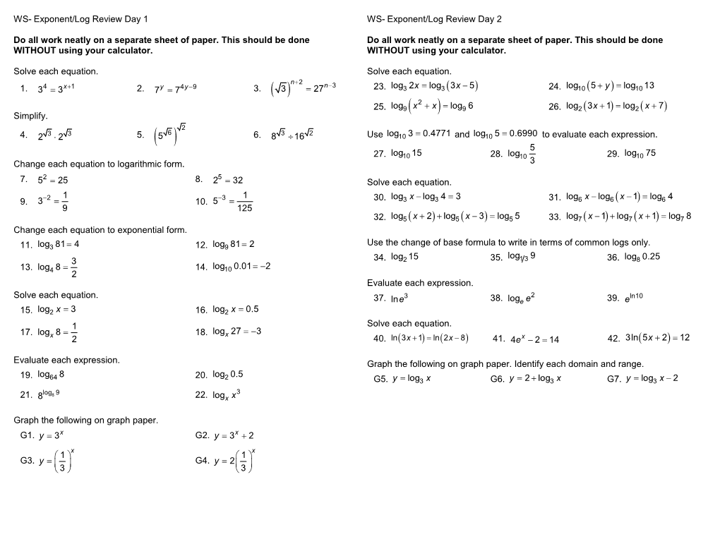 WS- Exponent/Log Review Day 1