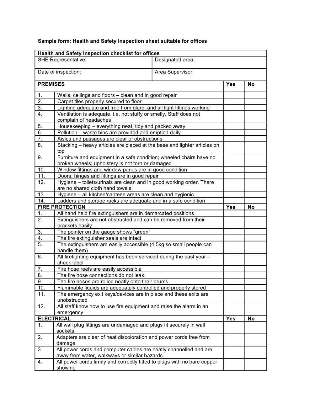 Sample Form: Health and Safety Inspection Sheet Suitable for Offices
