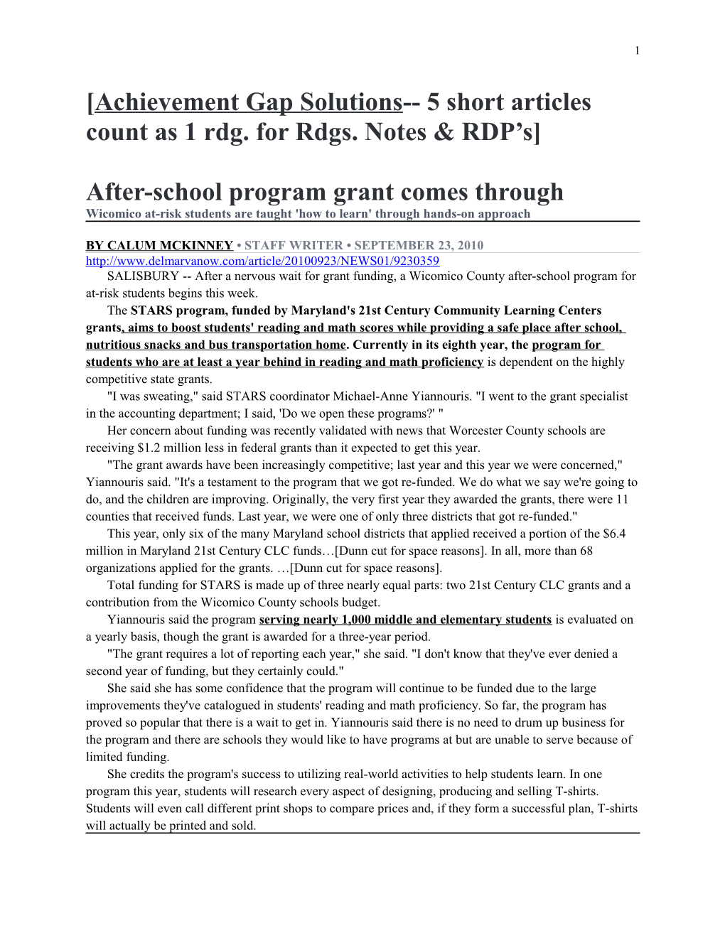 Achievement Gap Solutions 5 Short Articles Count As 1 Rdg. for Rdgs. Notes & RDP S