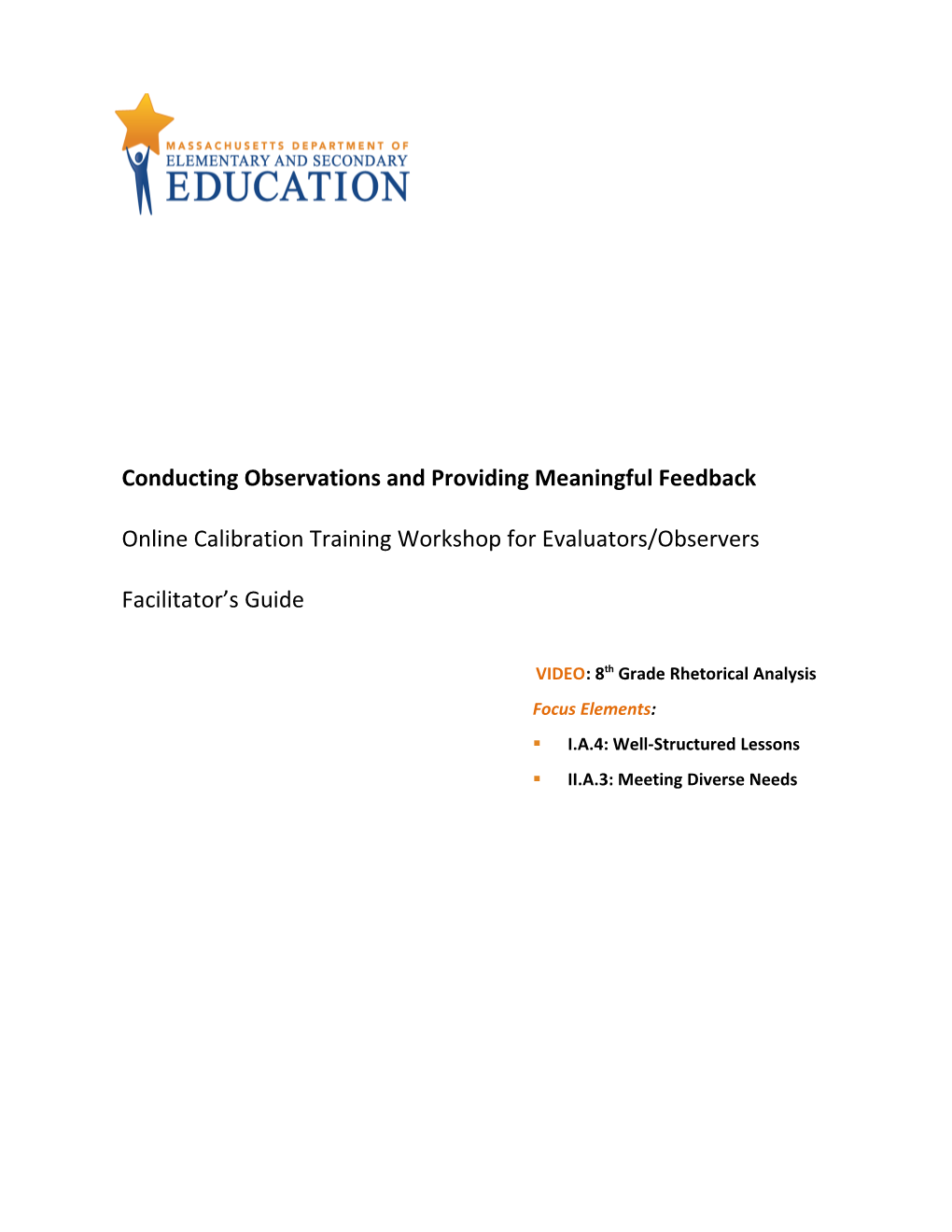 Calibration Workshop Facilitators Guide: 8Th Grade Rhetorical Analysis