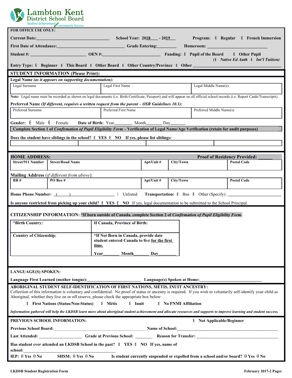 Student Registration Form Feb. 2017