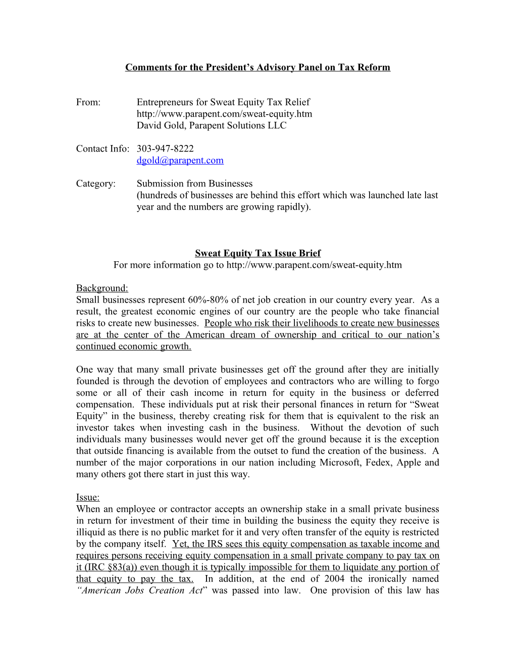 Sweat Equity Tax Issue Brief