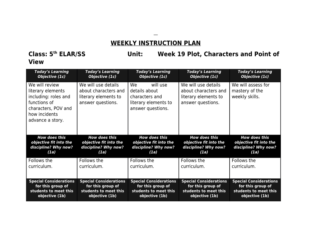 Class: 5Th ELAR/Ssunit: Week 19 Plot, Characters and Point of View