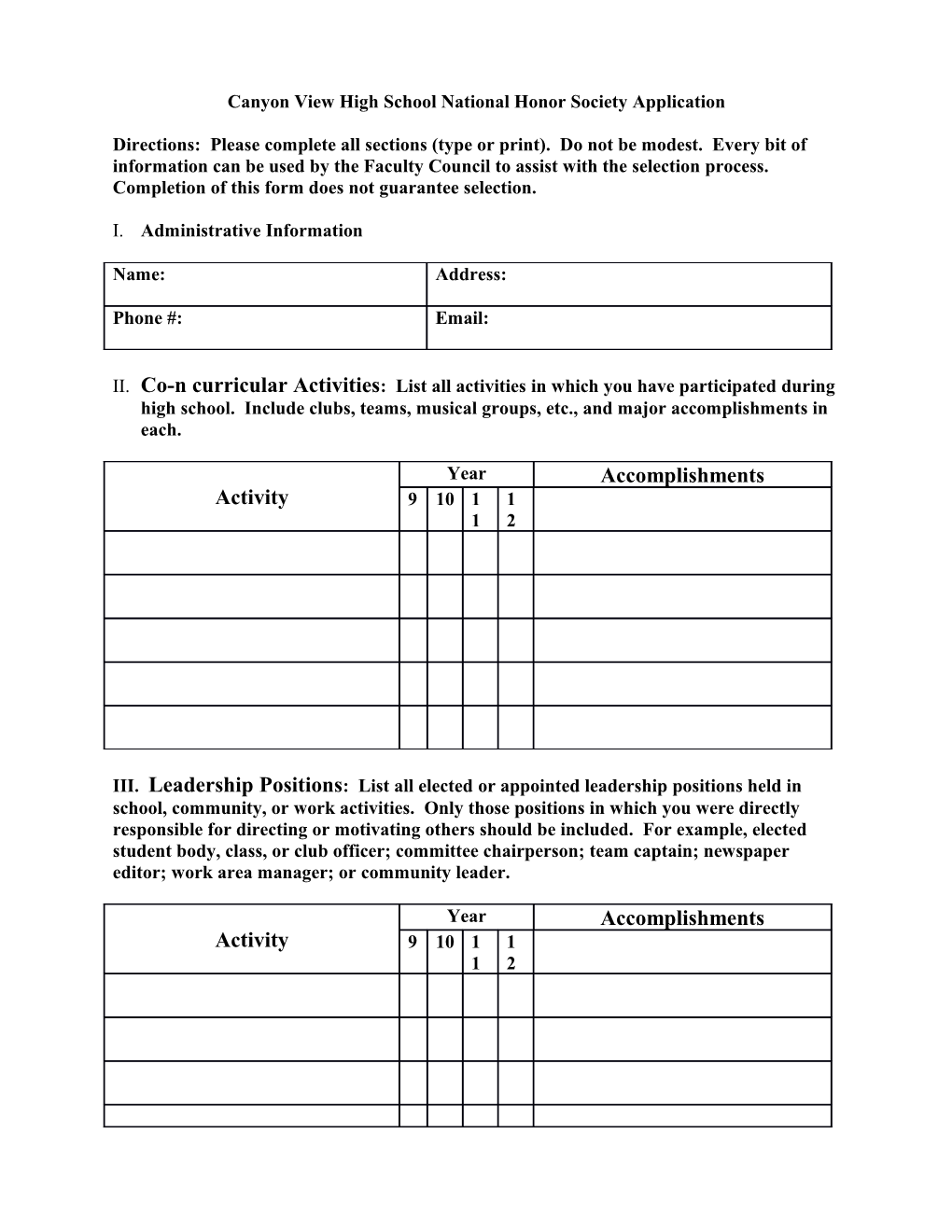 Canyon View High School National Honor Society Application