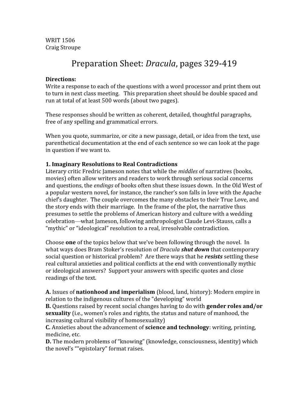 Preparation Sheet: Dracula, Pages 329-419
