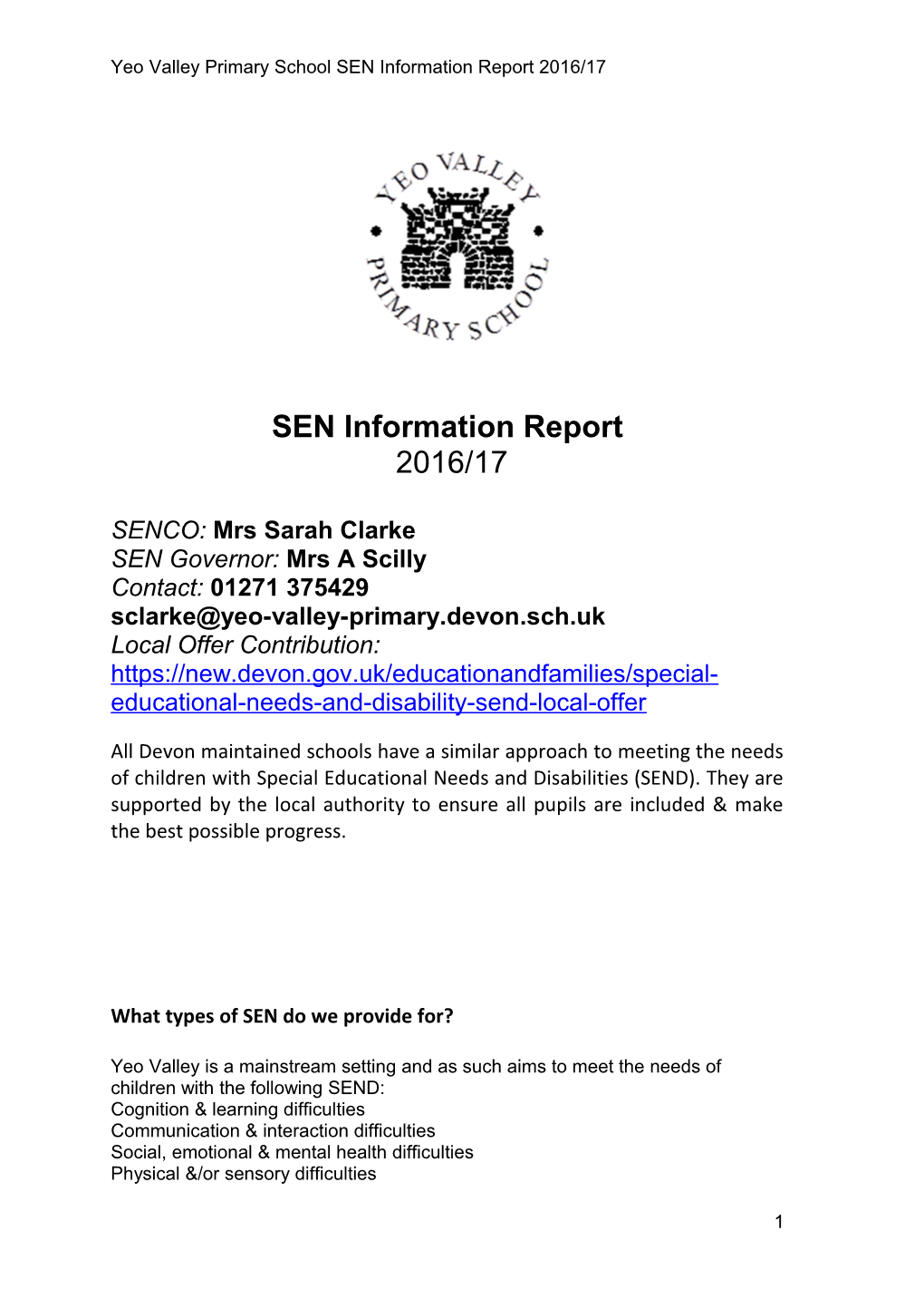Yeo Valley Primary School SEN Information Report 2016/17