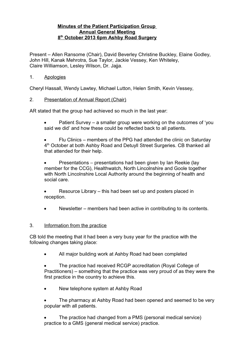 Minutes of the Patient Participation Group