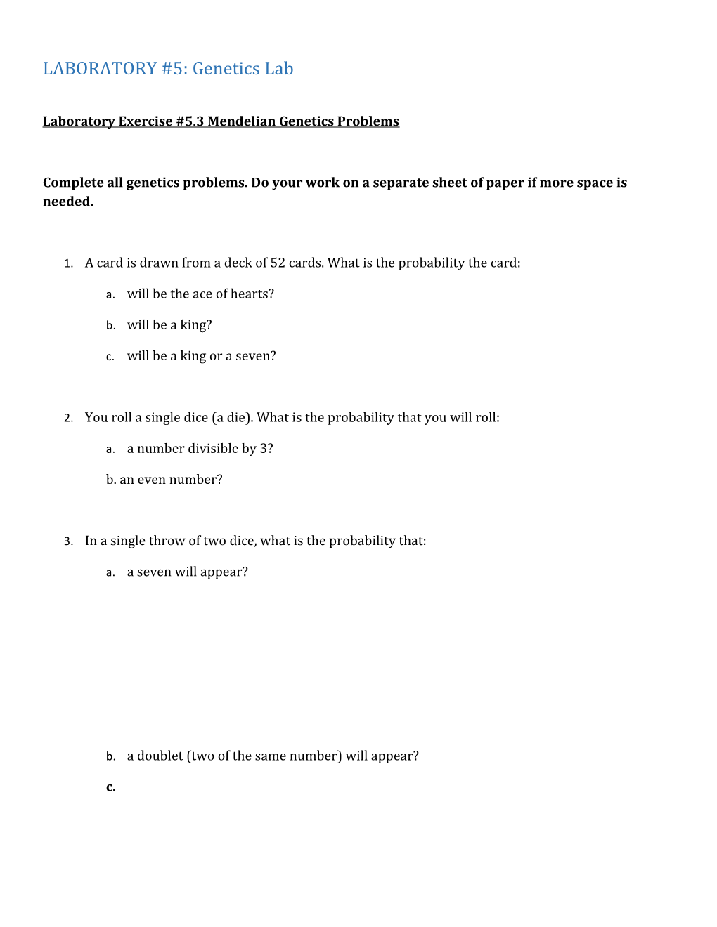 Laboratory Exercise #5.3 Mendelian Genetics Problems