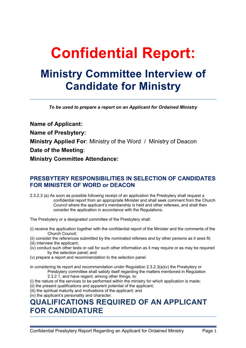 Sydney Presbytery Ministry Committee Interview of Candidate for Ministry