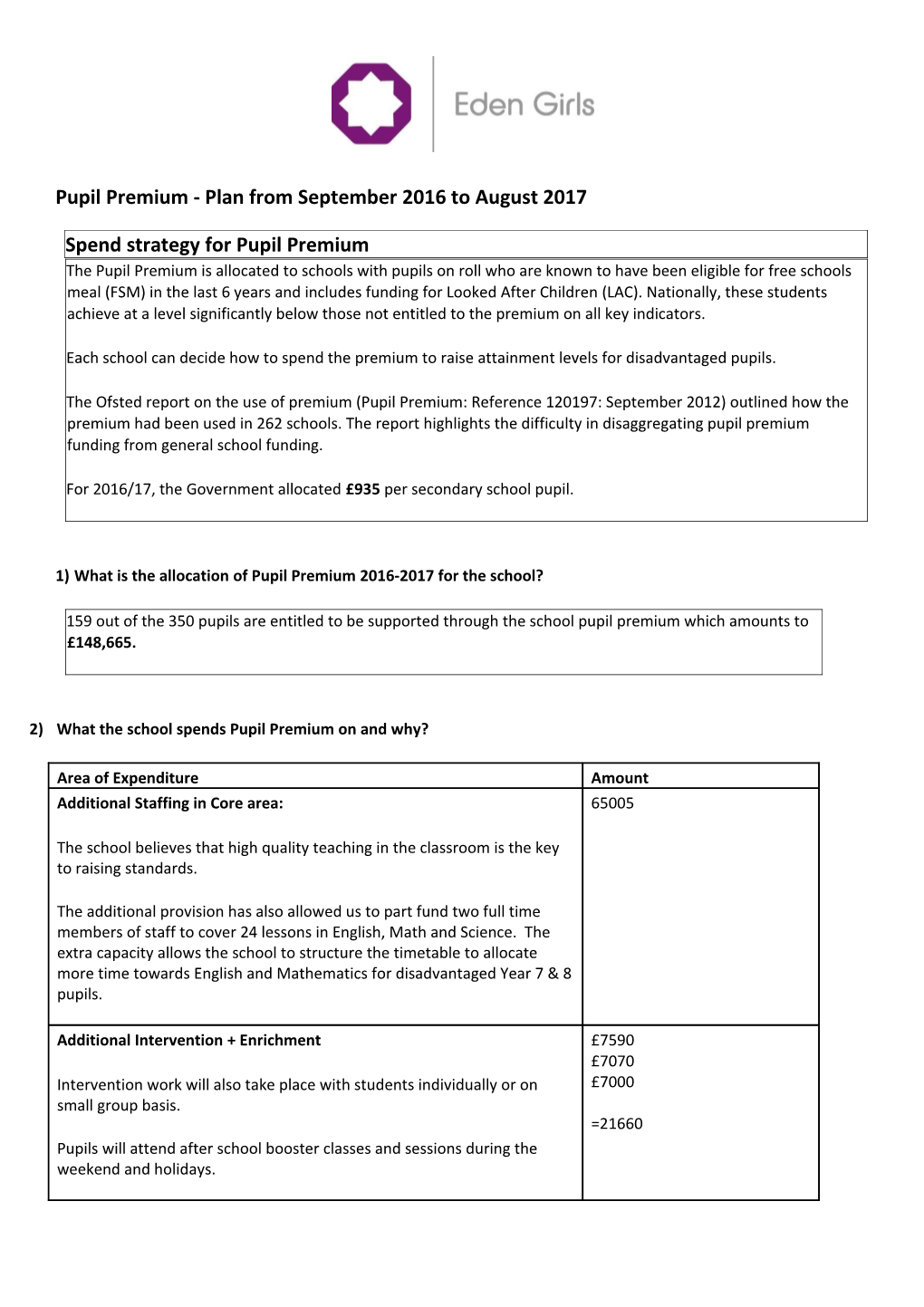 Pupil Premium - Plan from September 2016 to August 2017