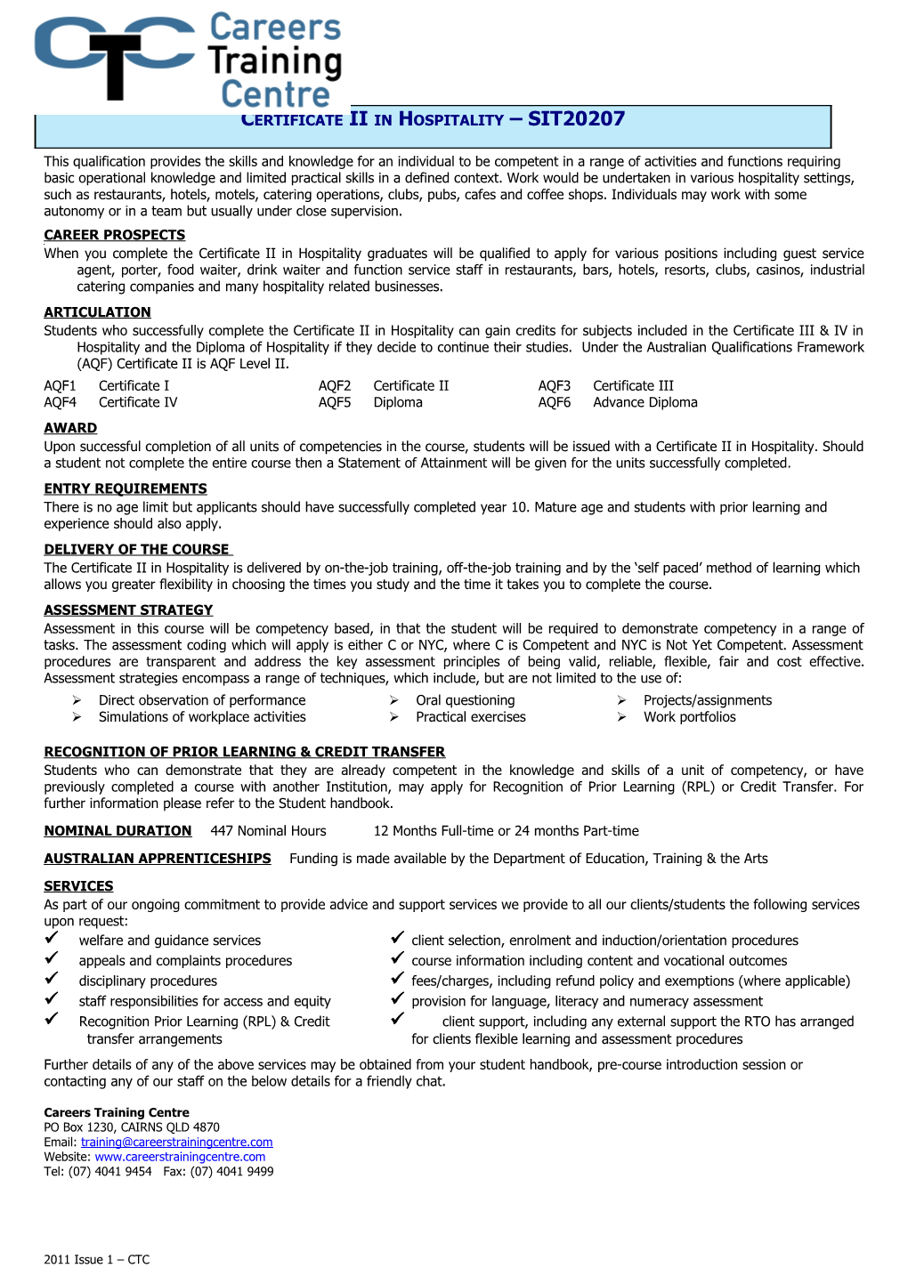 Certificate Ii in Hospitality Sit20207