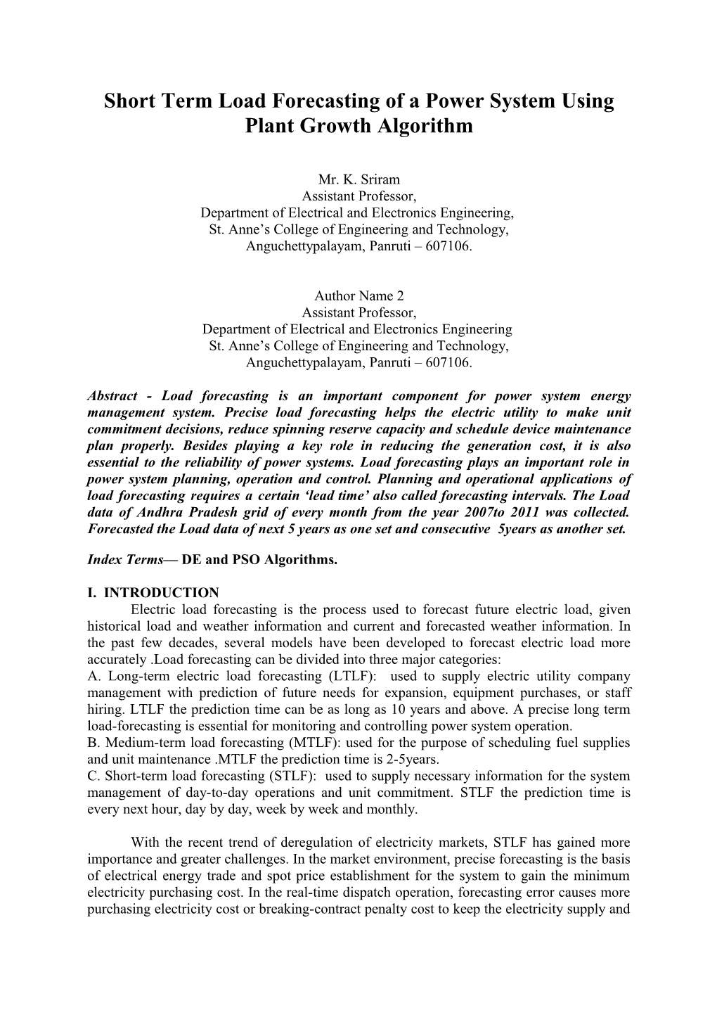 Short Term Load Forecasting of a Power System Using Plant Growth Algorithm