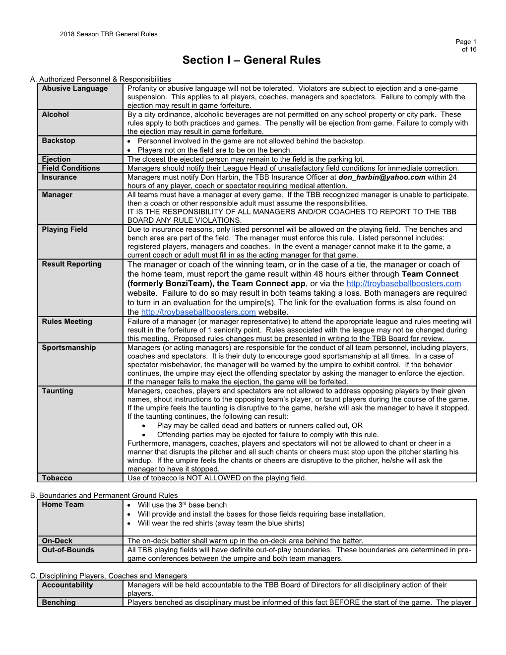 2018 Season TBB General Rules Page 1 of 16