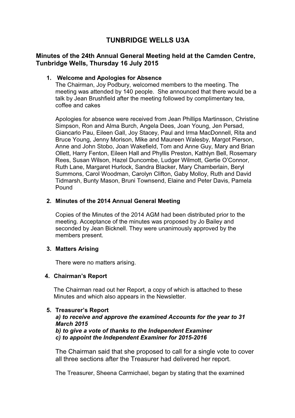 Minutes of the 24Th Annual General Meeting Held at the Camden Centre