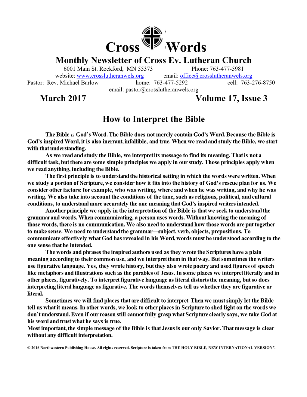 Monthly Newsletter of Cross Ev. Lutheran Church