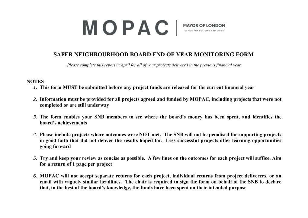 Safer Neighbourhood Board End of Year Monitoring Form