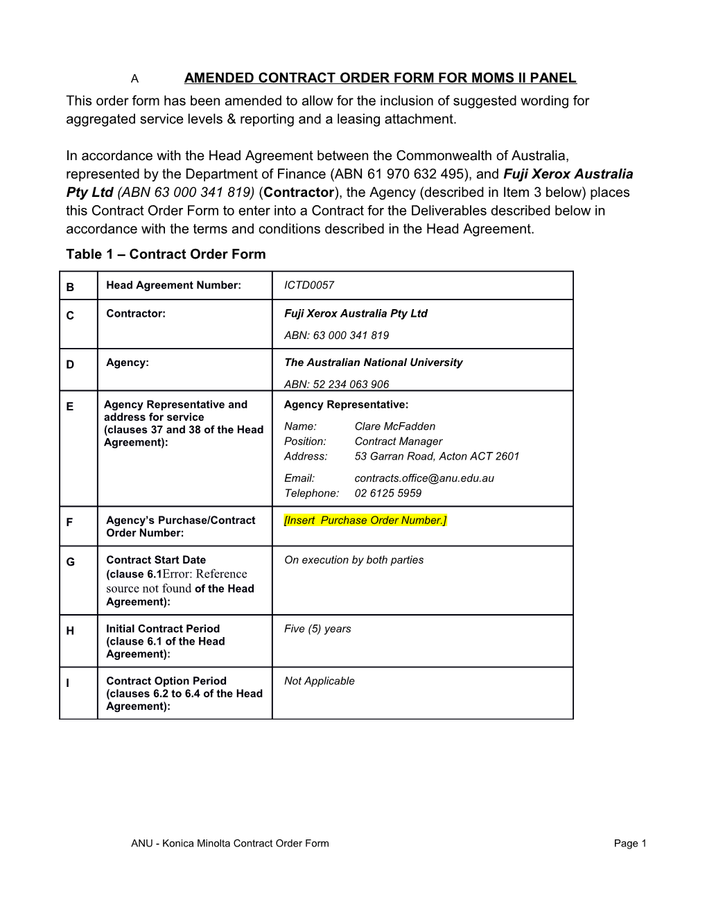 Amended Contract Order Form for Moms II Panel