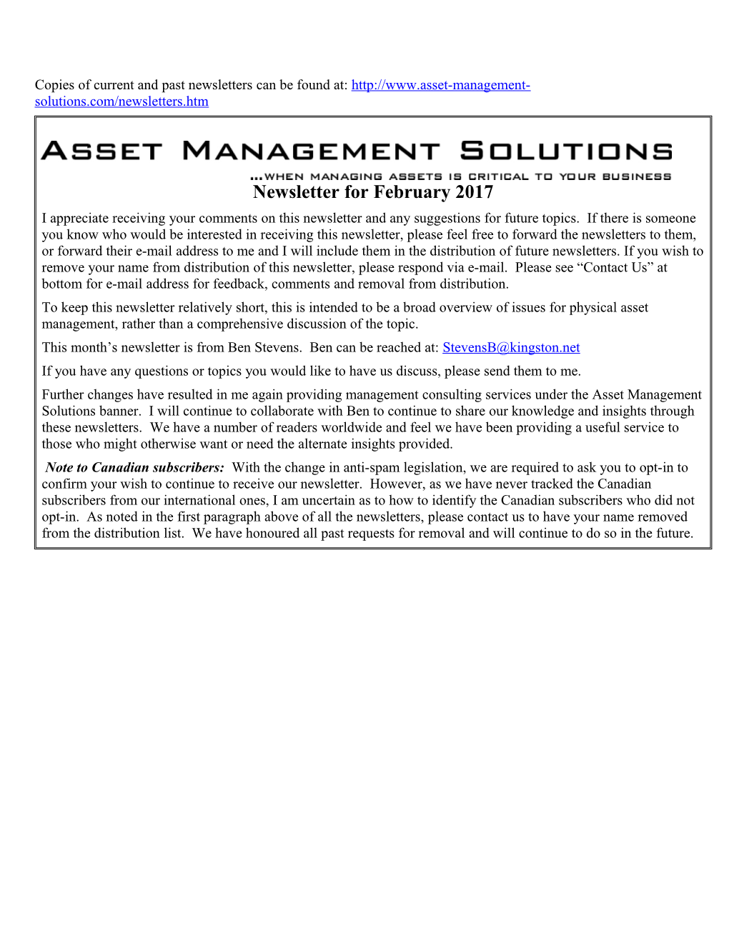 Asset Management Solutions Newsletter for February 2017